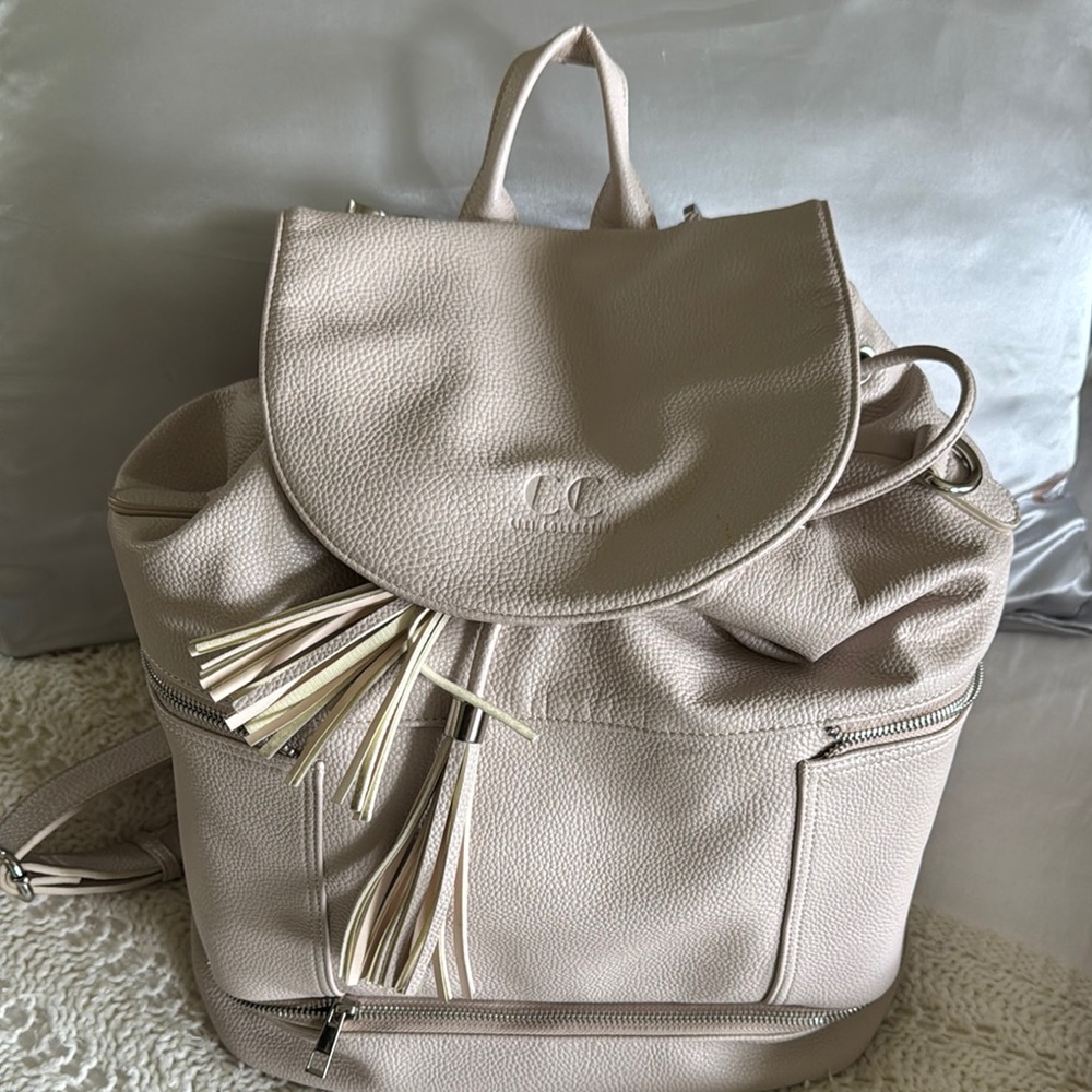 Elegant Cream Leather Backpack / Diaper Bag with Tassels